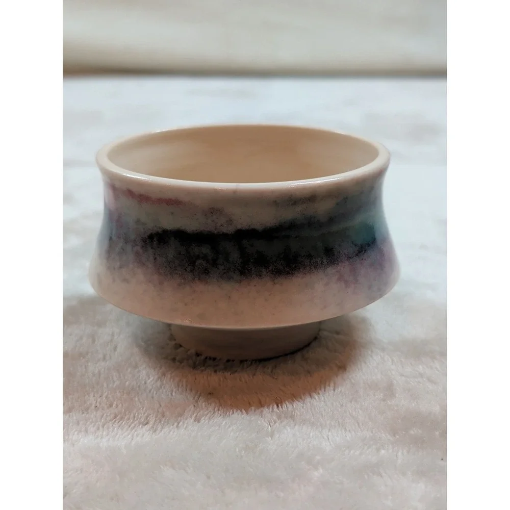 Vintage Studio Pottery‎ Tea Bowl Glazed Ceramic Small Planter Purple Blue Cream